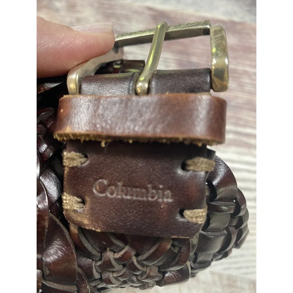Columbia Mens Woven Leather Belt Brown Braided Gold Tone Buckle 44 Inch